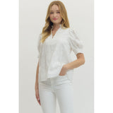 Entro - Floral Embroidered Puff Sleeve Top - White