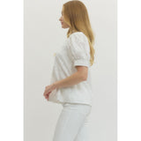 Entro - Floral Embroidered Puff Sleeve Top - White