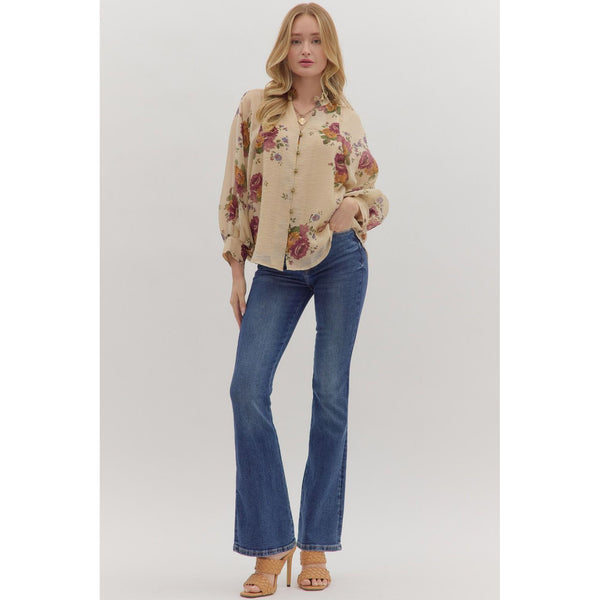 Entro - Floral Long Sleeve Blouse - Ecru
