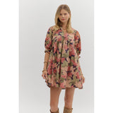Entro - Floral Mini Dress With Ruffle Neckline - Brown