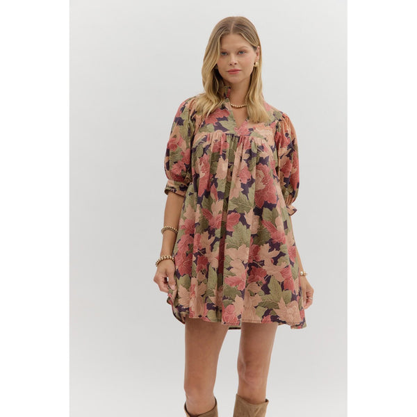 Entro - Floral Mini Dress With Ruffle Neckline - Brown