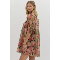 Entro - Floral Mini Dress With Ruffle Neckline - Brown