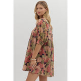 Entro - Floral Mini Dress With Ruffle Neckline - Brown