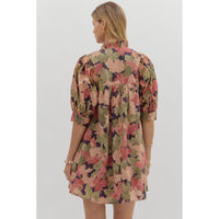 Entro - Floral Mini Dress With Ruffle Neckline - Brown