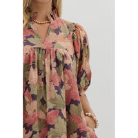 Entro - Floral Mini Dress With Ruffle Neckline - Brown