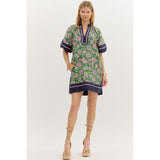 Entro - Paisley Dress with Contrast Accent Bubble Sleeves & Hem - Green