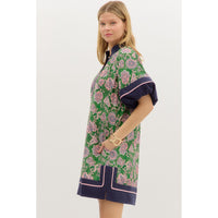 Entro - Paisley Dress with Contrast Accent Bubble Sleeves & Hem - Green