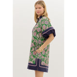 Entro - Paisley Dress with Contrast Accent Bubble Sleeves & Hem - Green
