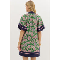 Entro - Paisley Dress with Contrast Accent Bubble Sleeves & Hem - Green