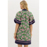 Entro - Paisley Dress with Contrast Accent Bubble Sleeves & Hem - Green