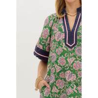 Entro - Paisley Dress with Contrast Accent Bubble Sleeves & Hem - Green