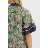 Entro - Paisley Dress with Contrast Accent Bubble Sleeves & Hem - Green