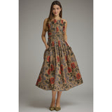 Entro - Floral Strapless Midi with Pleated Bodice - Camel