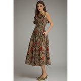Entro - Floral Strapless Midi with Pleated Bodice - Camel