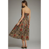 Entro - Floral Strapless Midi with Pleated Bodice - Camel