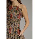 Entro - Floral Strapless Midi with Pleated Bodice - Camel