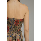 Entro - Floral Strapless Midi with Pleated Bodice - Camel