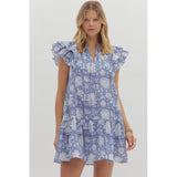 Entro - Floral Print Flutter Sleeve Pullover Mini Dress- Indigo