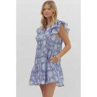 Entro - Floral Print Flutter Sleeve Pullover Mini Dress- Indigo