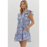 Entro - Floral Print Flutter Sleeve Pullover Mini Dress- Indigo