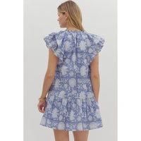 Entro - Floral Print Flutter Sleeve Pullover Mini Dress- Indigo