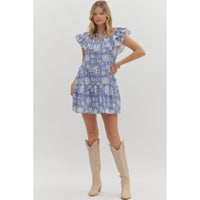 Entro - Floral Print Flutter Sleeve Pullover Mini Dress- Indigo