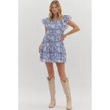 Entro - Floral Print Flutter Sleeve Pullover Mini Dress- Indigo