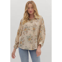 Entro - Floral Print Long Sleeve Blouse - Ecru