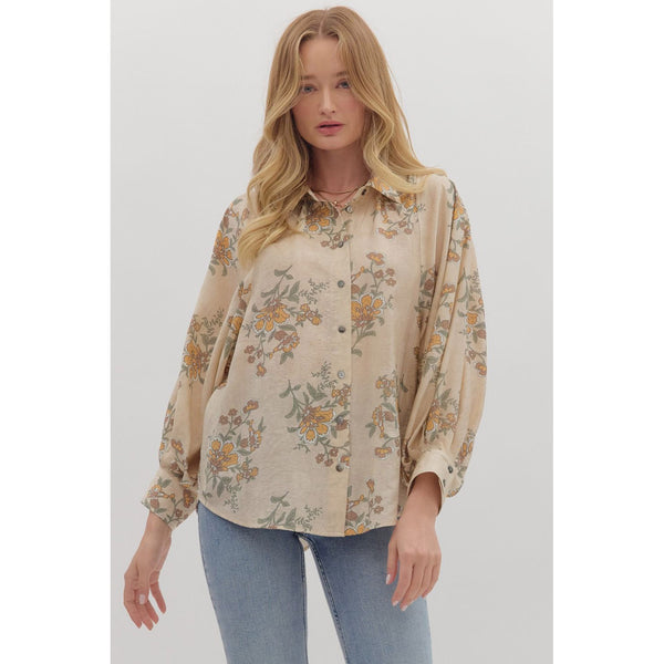 Entro - Floral Print Long Sleeve Blouse - Ecru