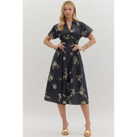 Entro - Floral Print Midi With Front Zip - Black