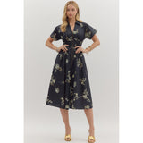 Entro - Floral Print Midi With Front Zip - Black