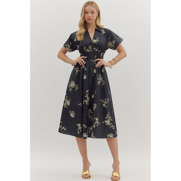 Entro - Floral Print Midi With Front Zip - Black