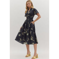 Entro - Floral Print Midi With Front Zip - Black