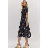 Entro - Floral Print Midi With Front Zip - Black