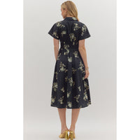 Entro - Floral Print Midi With Front Zip - Black