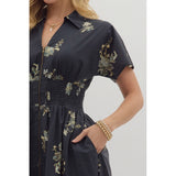 Entro - Floral Print Midi With Front Zip - Black