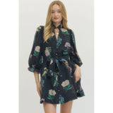 Entro - Floral Print Mini w Tie Waist - Black