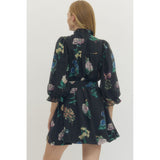 Entro - Floral Print Mini w Tie Waist - Black
