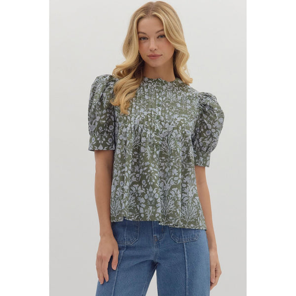 Entro - Floral Print Pintuck Top - Olive