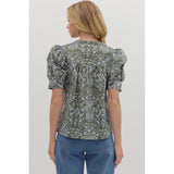 Entro - Floral Print Pintuck Top - Olive
