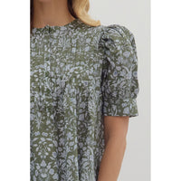 Entro - Floral Print Pintuck Top - Olive