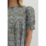 Entro - Floral Print Pintuck Top - Olive