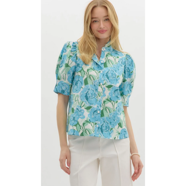 Entro - Floral Print Puff Sleeve Shirt - Blue