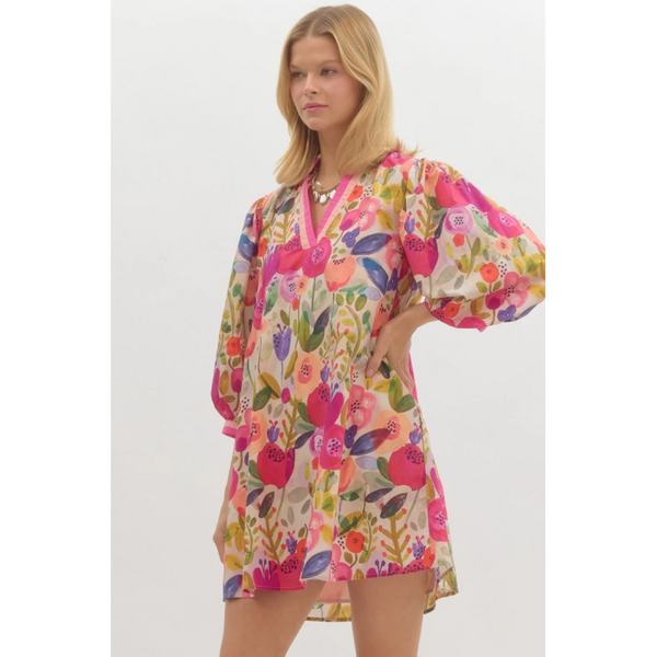 Entro - Floral print ¾ bubble sleeve pullover mini dress - Berry