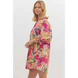 Entro - Floral print ¾ bubble sleeve pullover mini dress - Berry