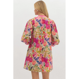Entro - Floral print ¾ bubble sleeve pullover mini dress - Berry