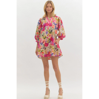 Entro - Floral print ¾ bubble sleeve pullover mini dress - Berry