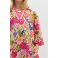 Entro - Floral print ¾ bubble sleeve pullover mini dress - Berry