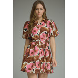 Entro - Floral Puff Sleeve Mini - Brown