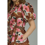Entro - Floral Puff Sleeve Mini - Brown